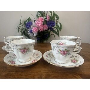 Vintage Royal Albert Tranquillity‎ Teacups Saucers Set of 4 Bone China Gilt Trim